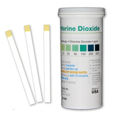 chlorine dioxide test strips and bottle
